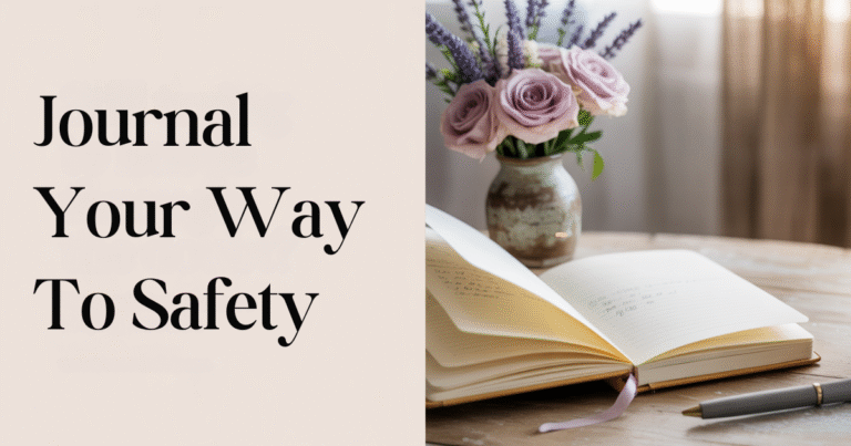 An open journal, pen, and steaming tea sit on a rustic table beside a vase of soft flowers—inviting journaling for self-talk and inner critic journaling prompts to help overwhelmed moms cultivate a compassionate inner voice and shift negative self-talk.