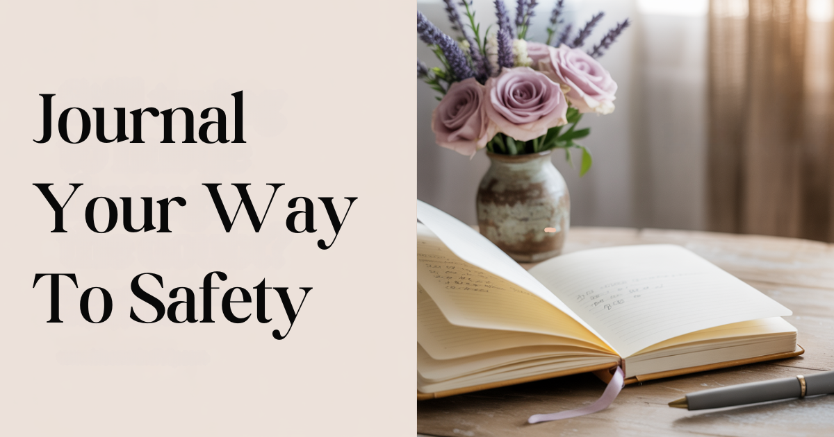 An open journal, pen, and steaming tea sit on a rustic table beside a vase of soft flowers—inviting journaling for self-talk and inner critic journaling prompts to help overwhelmed moms cultivate a compassionate inner voice and shift negative self-talk.