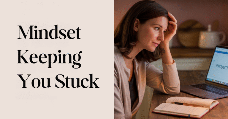 Woman looking thoughtful at laptop with text overlay 'Mindset Myths Keeping You Stuck,' representing mindset shift for entrepreneur moms