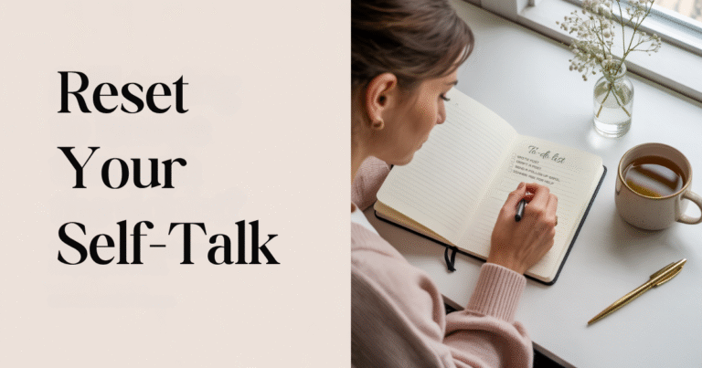 Woman journaling at a desk beside a cup of tea and a vase of flowers, writing a to-do list that includes “reset self-talk” and “ask for help.” Text on image reads “Reset Your Self-Talk,” encouraging a growth mindset and steps to rewire your brain and overcome negative self-talk.