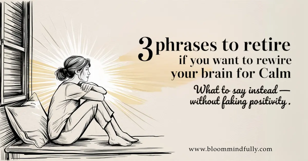 Illustrated woman sits thoughtfully by a window with light radiating behind her, beside text that reads “3 phrases to retire if you want to rewire your brain for calm” — promoting growth mindset and reducing negative self-talk.