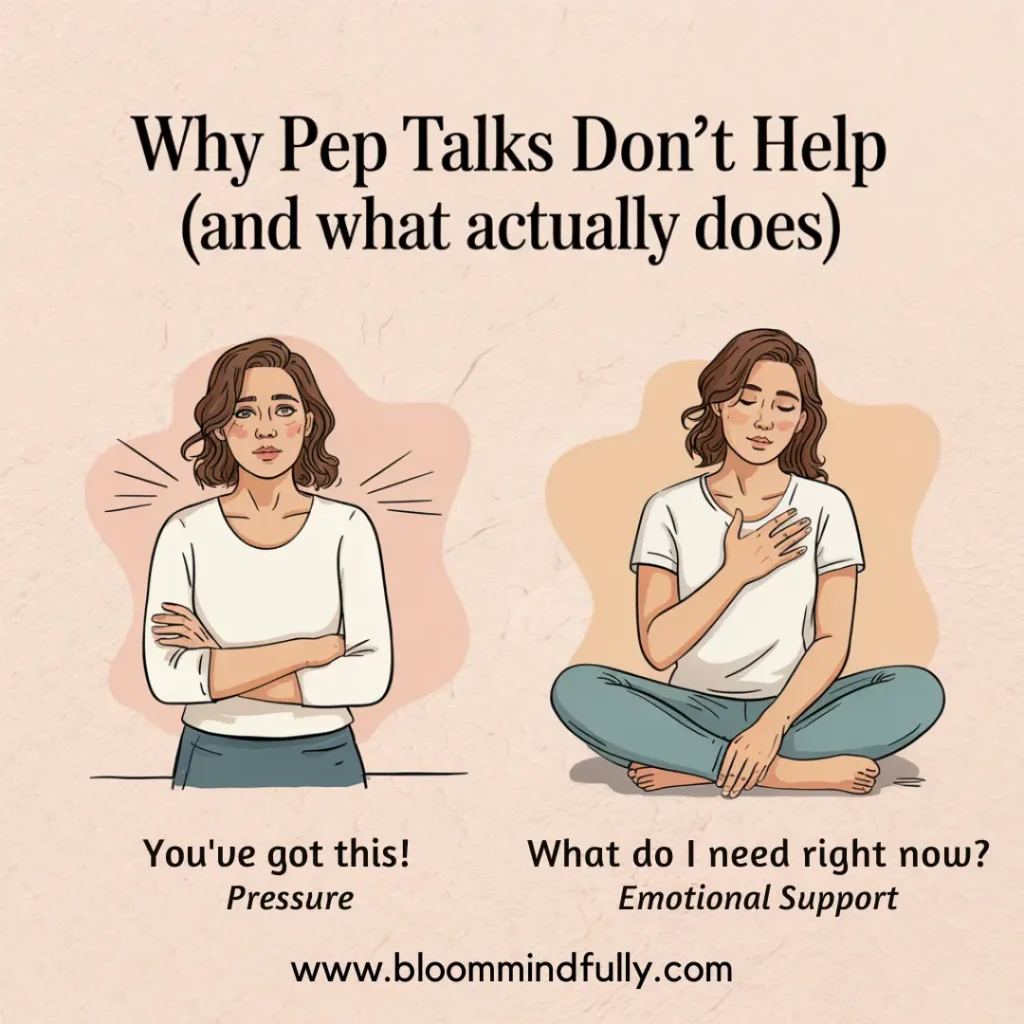 Side-by-side drawings showing pressure vs emotional support, highlighting self-talk for moms in business.