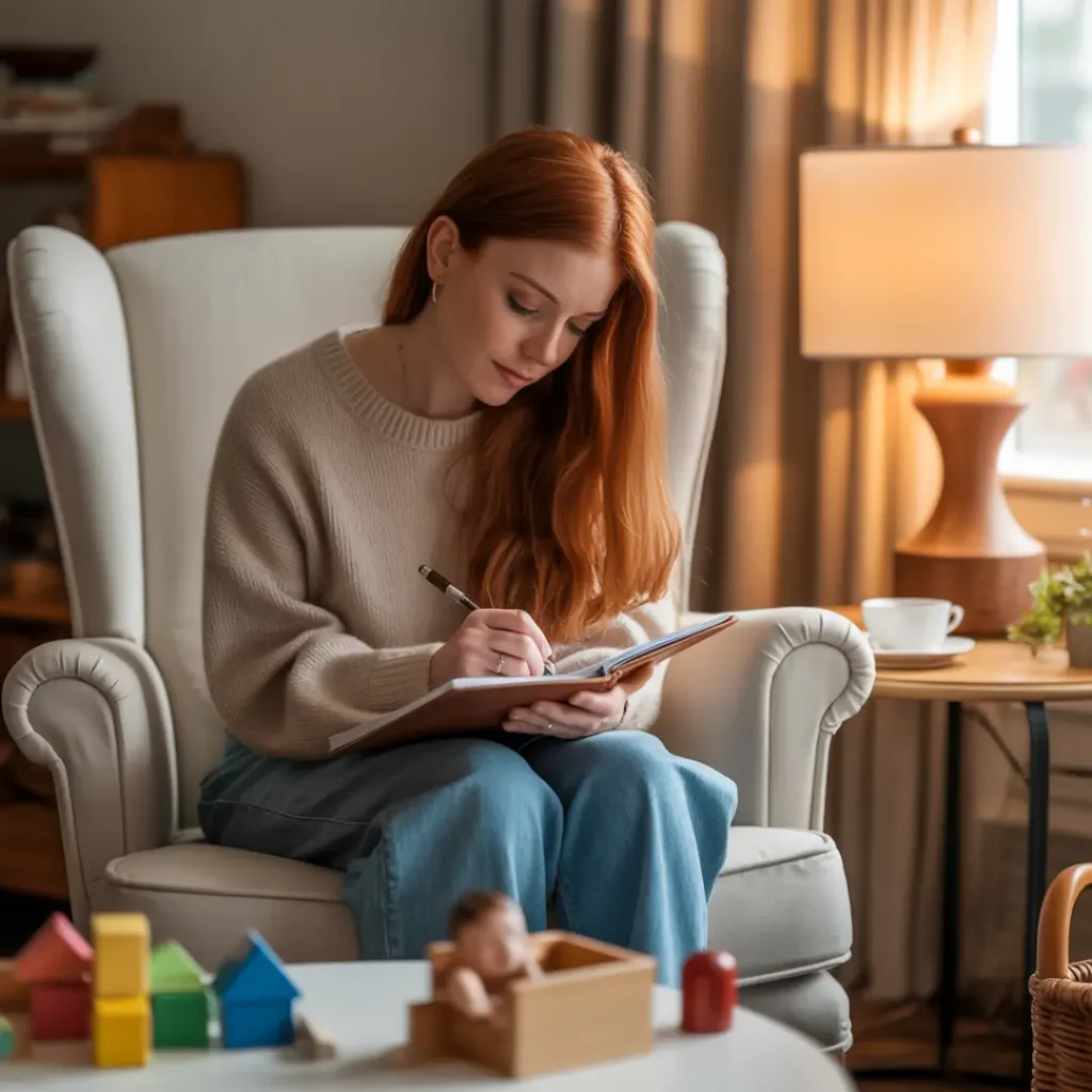 Young mom writing in her journal during a calm moment, representing self-talk for overwhelmed moms and shifting negative thoughts.