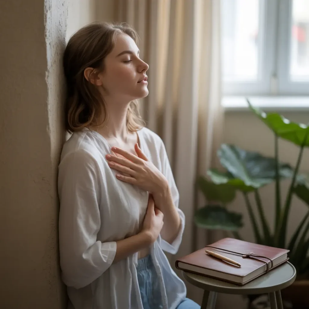 Woman practicing self-compassion and mindfulness, sitting quietly with a journal nearby—symbolizing journaling for self-talk and managing the inner critic.