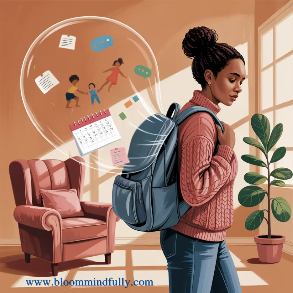 Illustration of a mompreneur carrying mental load while learning how to balance motherhood and entrepreneurship.