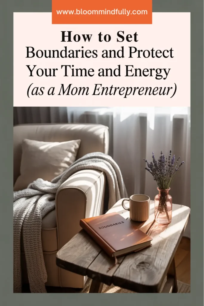 Cozy armchair scene with journal labeled 'Boundaries,' coffee mug, and lavender vase, illustrating how to set boundaries and protect your time and energy as a mom entrepreneur.