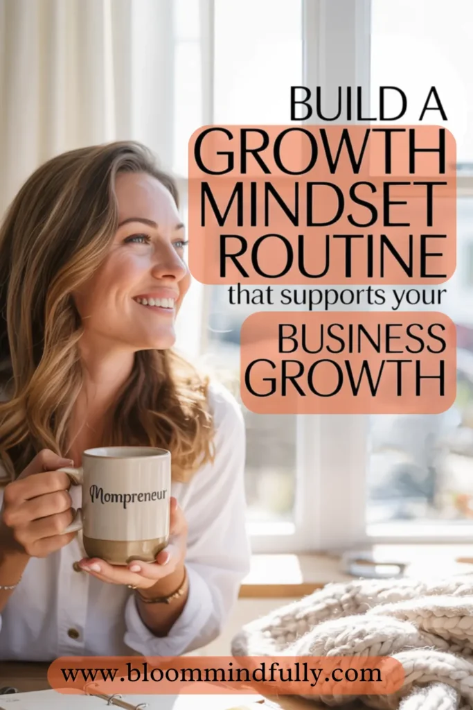 Smiling woman in a cozy white blouse holding a “Mompreneur” mug, with warm lighting, planner, and soft textures. Text overlay reads: “Build a Growth Mindset Routine That Supports Your Business Growth.”