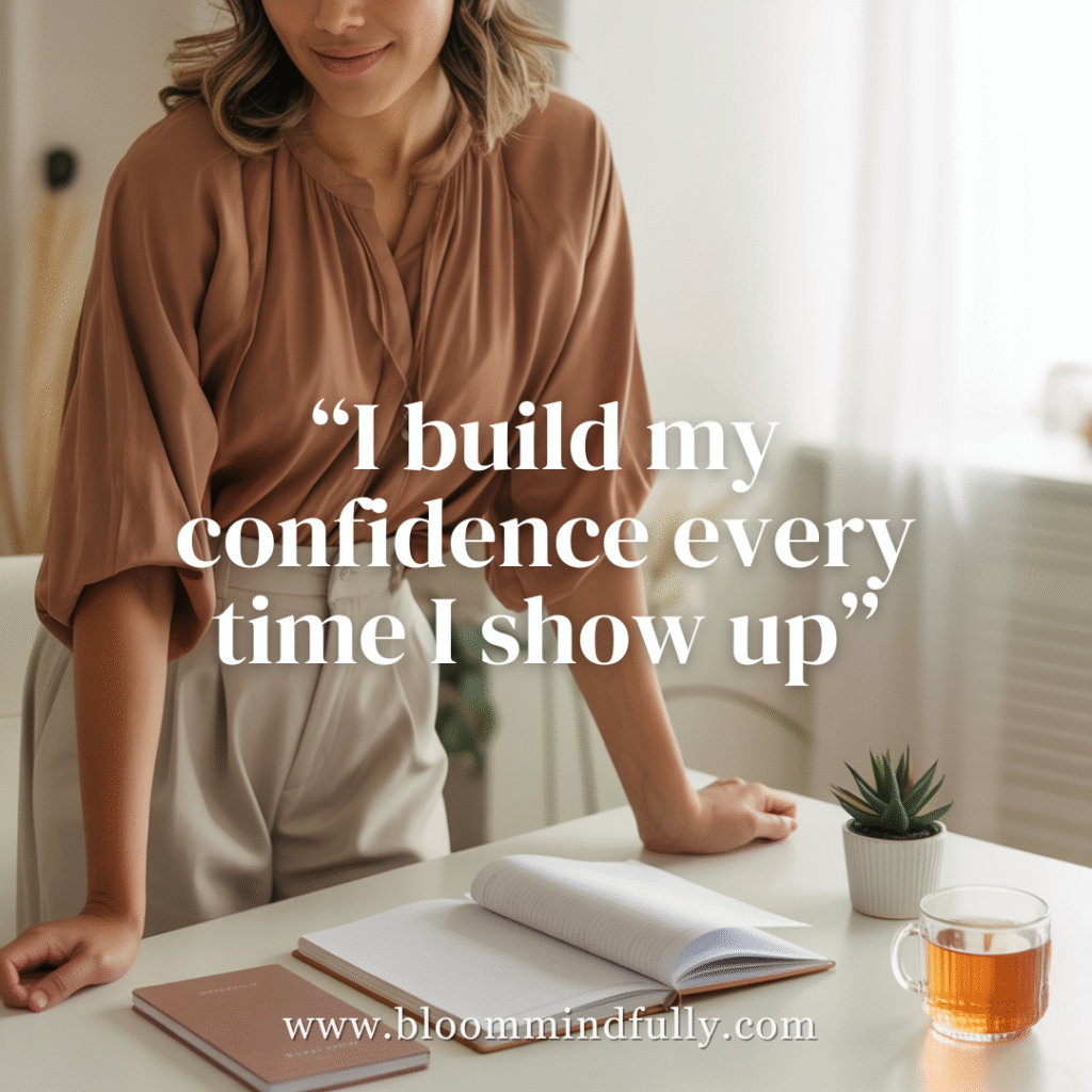 Woman standing confidently at a desk with open notebooks and the affirmation “I build my confidence every time I show up”, a reminder for mom entrepreneurs to build self-trust and adopt a strong confidence mindset for women in business.