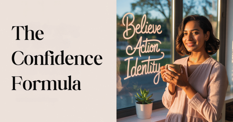 Smiling woman holding a mug beside window text that reads “Believe, Action, Identity” with “The Confidence Formula” on screen, a powerful confidence-building framework for moms and women in business.