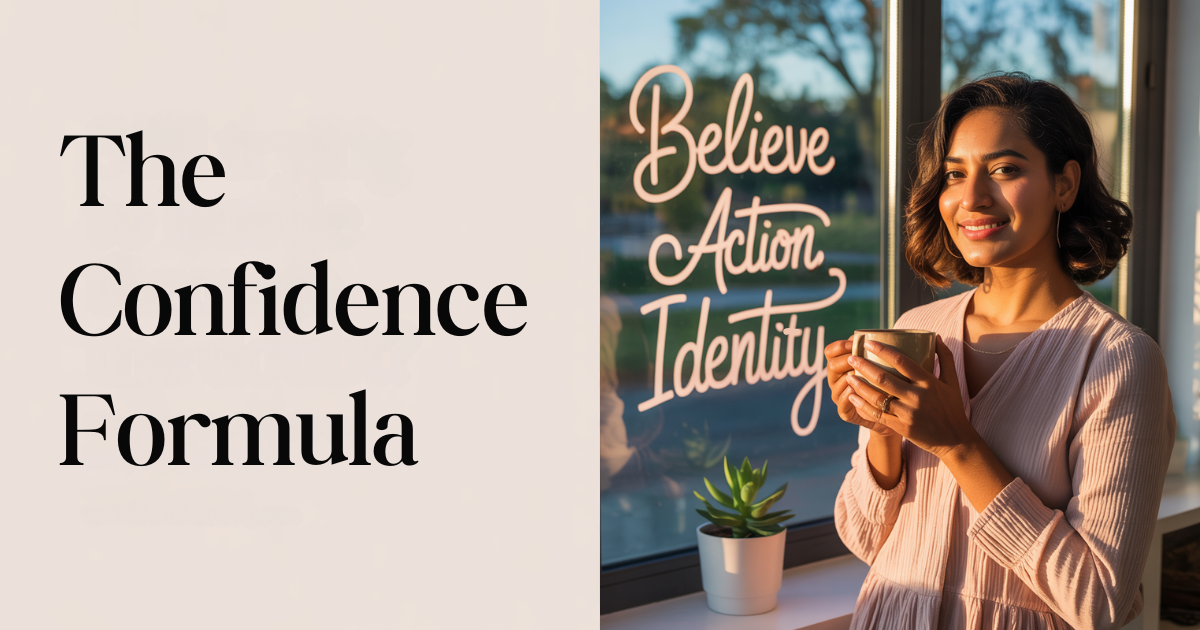 Smiling woman holding a mug beside window text that reads “Believe, Action, Identity” with “The Confidence Formula” on screen, a powerful confidence-building framework for moms and women in business.