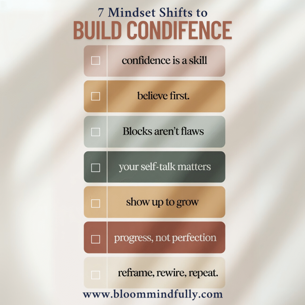 A colorful infographic titled “7 Mindset Shifts to Build Real Confidence,” listing tips like “believe first” and “your self-talk matters”, a practical mindset framework to help overcome self-doubt in business.