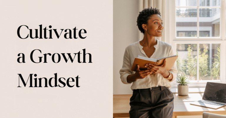 Mom entrepreneur reflecting with journal in bright home office, cultivating a growth mindset in business.