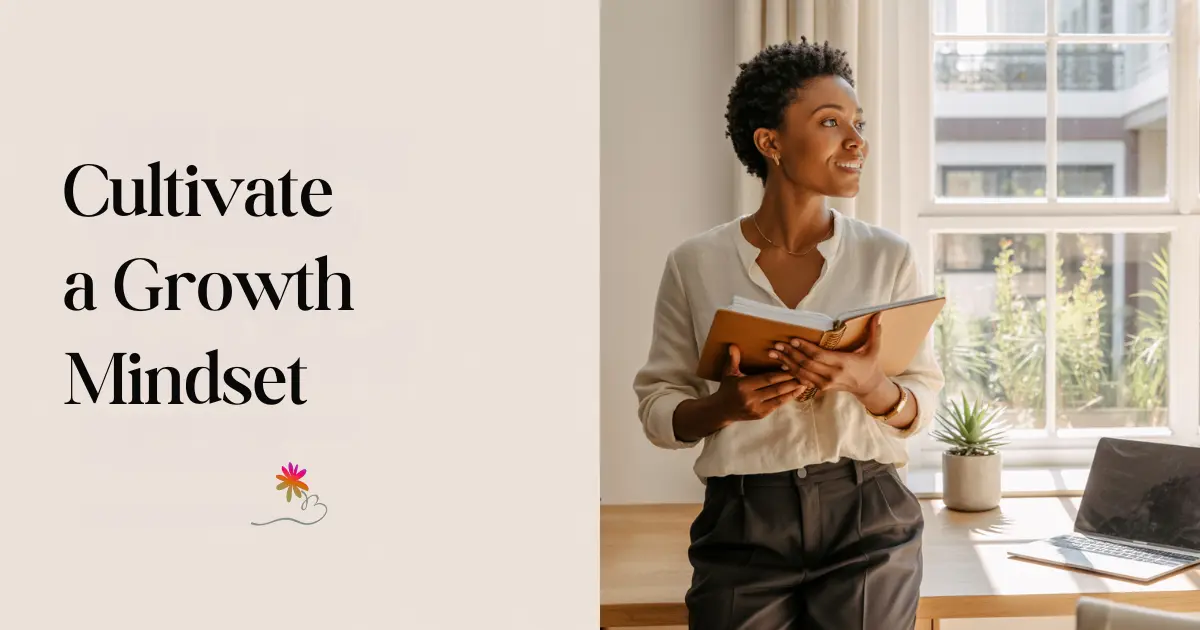 Mom entrepreneur reflecting with journal in bright home office, cultivating a growth mindset in business.