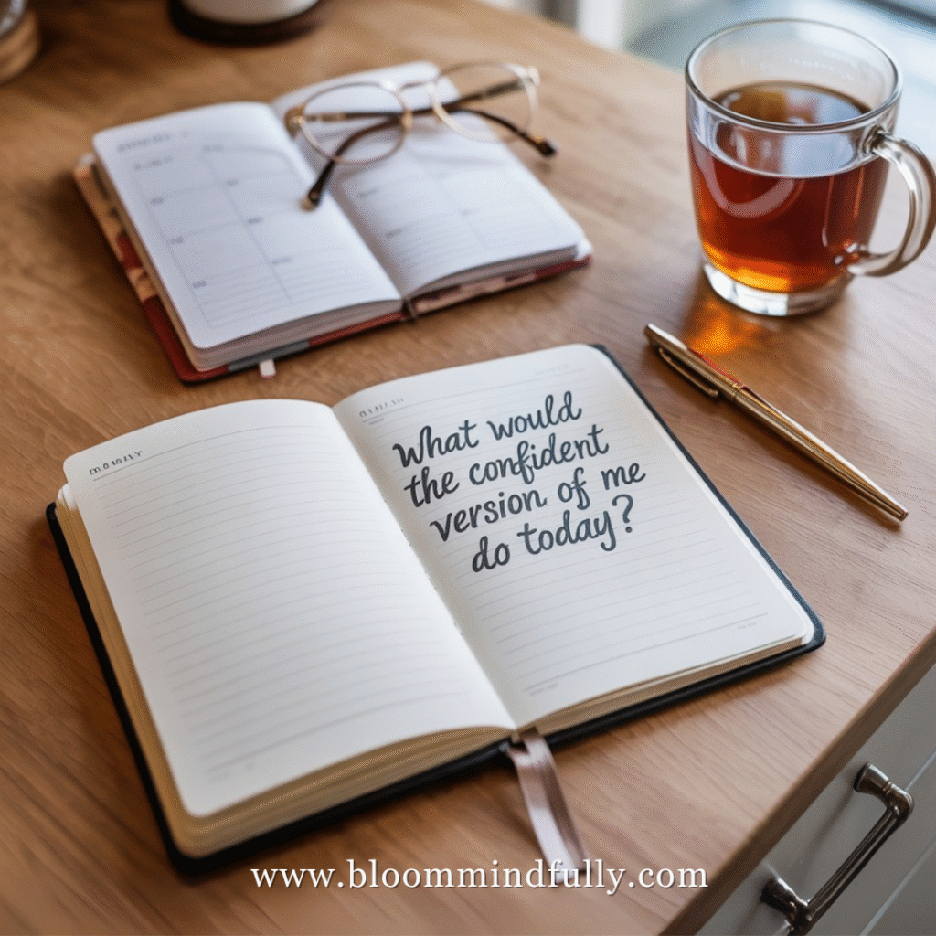 Open journal with the prompt “What would the confident version of me do today?” alongside a planner, glasses, and tea — promoting daily confidence habits for moms and entrepreneurs.