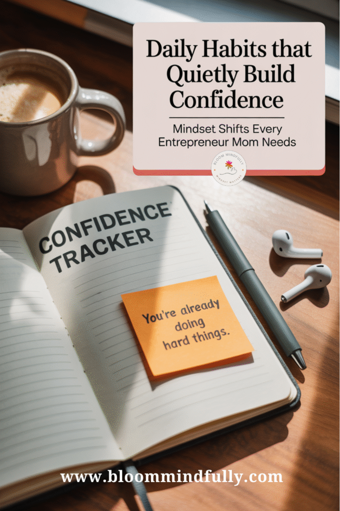 Notebook labeled “Confidence Tracker” with a sticky note that reads “You’re already doing hard things” beside a coffee mug and earbuds — encouraging daily confidence habits for moms in business.