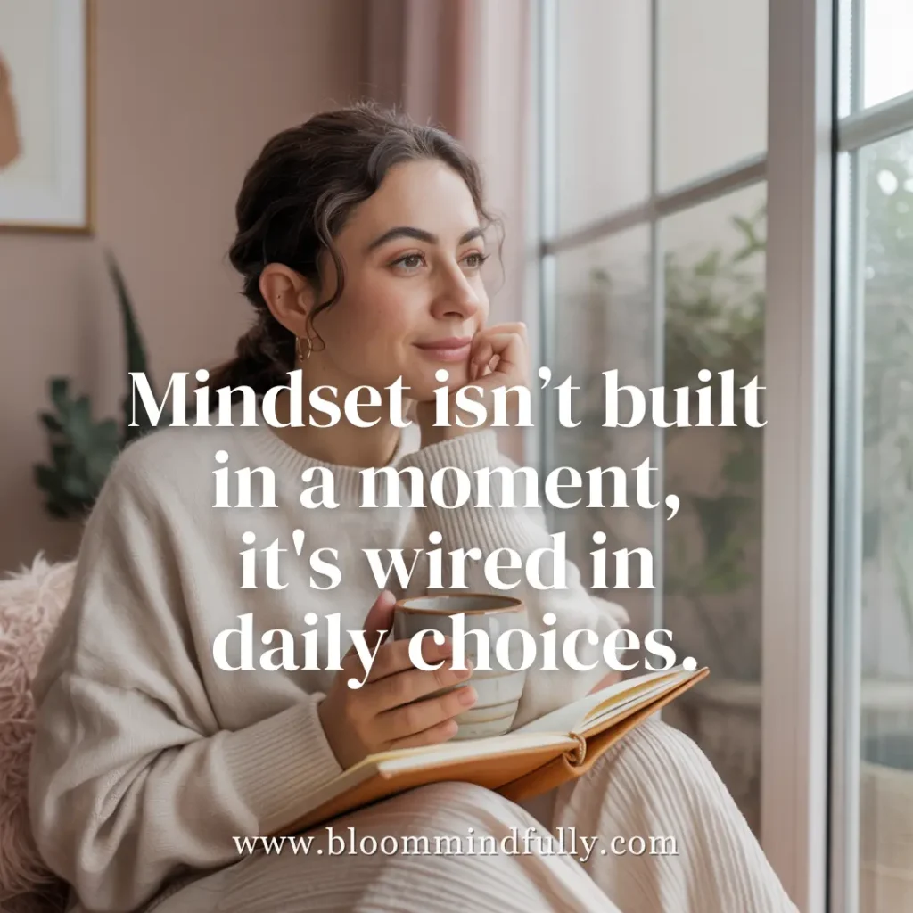 Mom entrepreneur in cozy cream sweater journaling by the window with a warm drink; quote reads “Mindset isn’t built in a moment, it's wired in daily choices.”