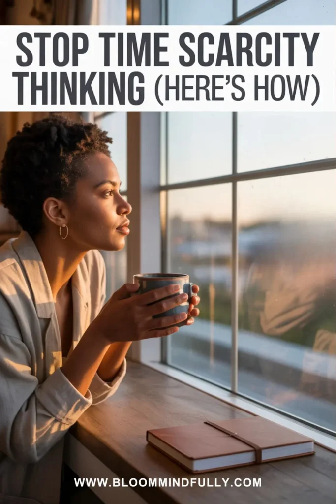 Woman sitting by a window, holding a coffee mug and gazing outside during golden hour. A closed journal rests on the table. Text overlay reads “Stop Time Scarcity Thinking (Here’s How).” A reflective scene illustrating the effects of time scarcity and how to create a more mindful approach to time.