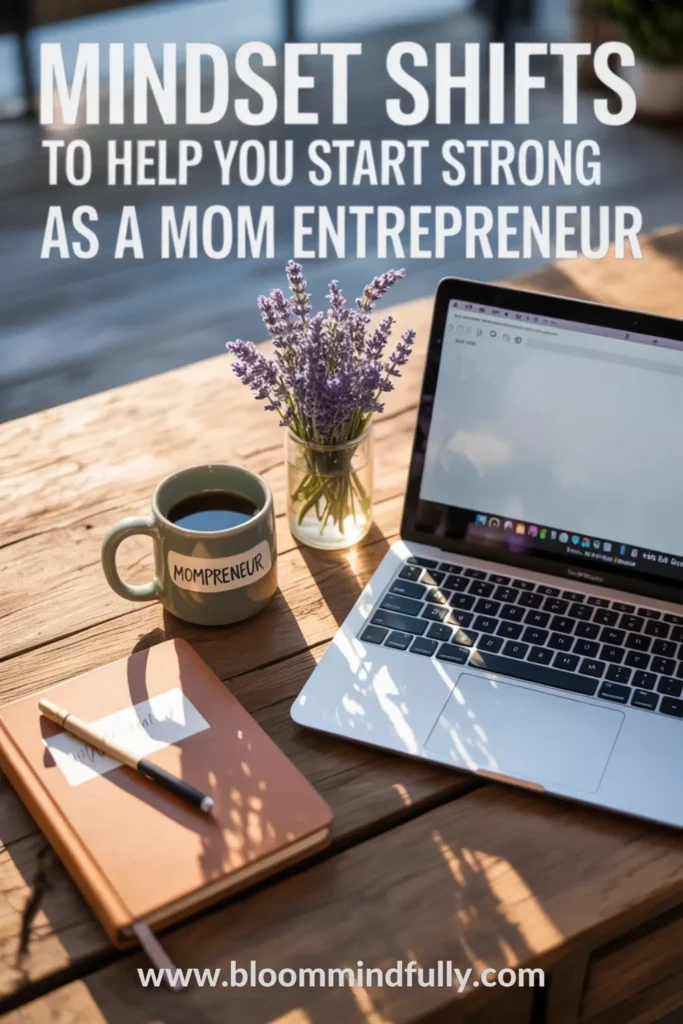 Top-down view of a warm, nurturing workspace with an open laptop displaying “Mindset Shifts,” a “MOMPRENEUR” coffee mug, journal, and vase of lavender on a rustic wooden desk. A visual example of entrepreneur mom mindset example and ideas for cultivating work/life balance for entrepreneur moms.