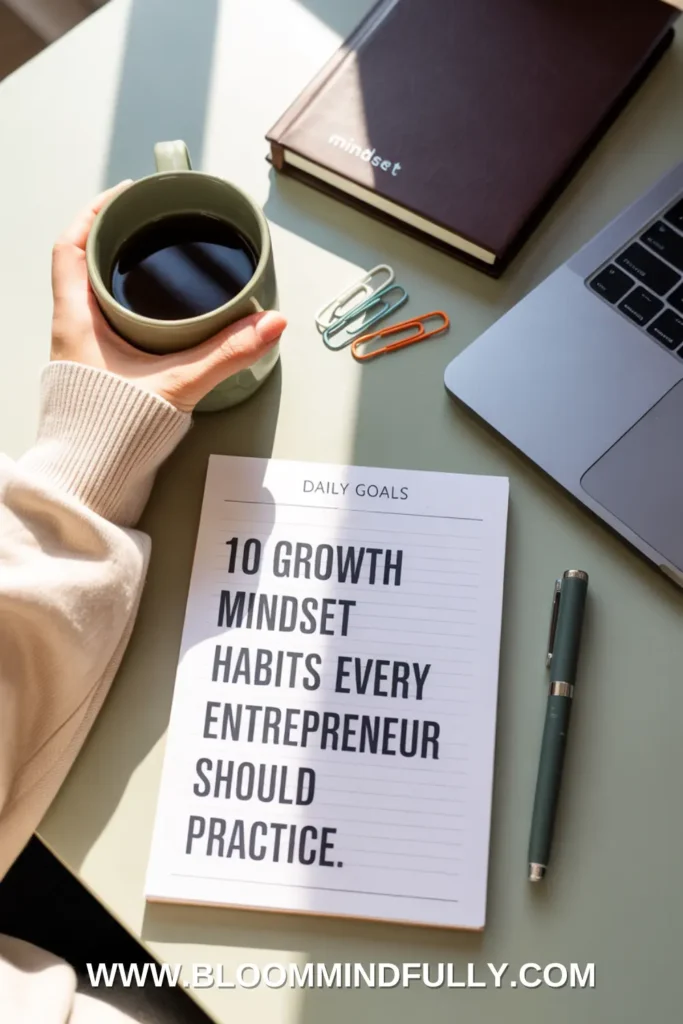 Flat lay of a cozy desk scene with a hand holding a coffee mug, daily goals notepad, mindset journal, and laptop. Bold black serif text reads: “10 Growth Mindset Habits Every Entrepreneur Should Practice.”
