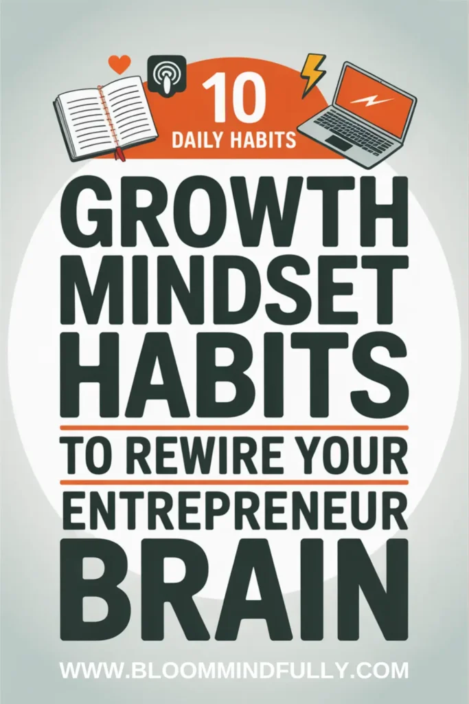 Illustrated infographic featuring a journal, podcast icon, lightning bolt, and laptop, with bold text: “10 Daily Growth Mindset Habits to Rewire Your Entrepreneur Brain.”