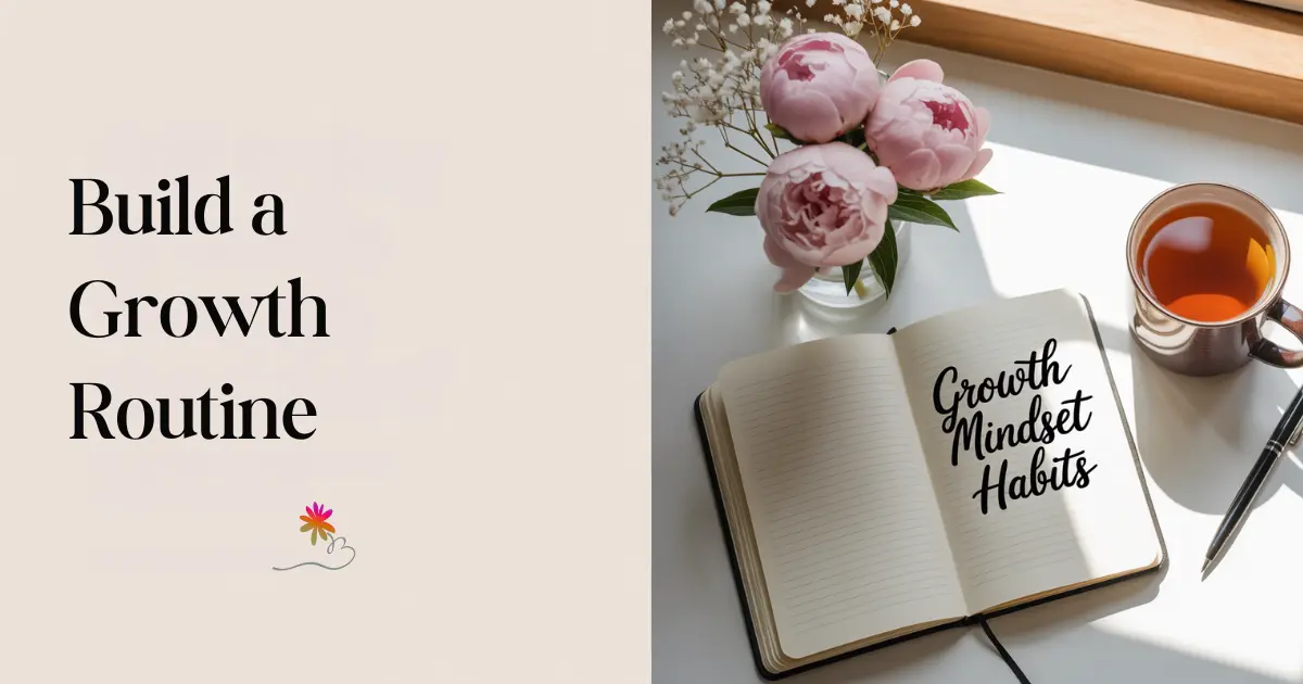 Open journal with “Growth Mindset Habits” written, surrounded by blush flowers, tea, and pen on white desk in warm natural light.