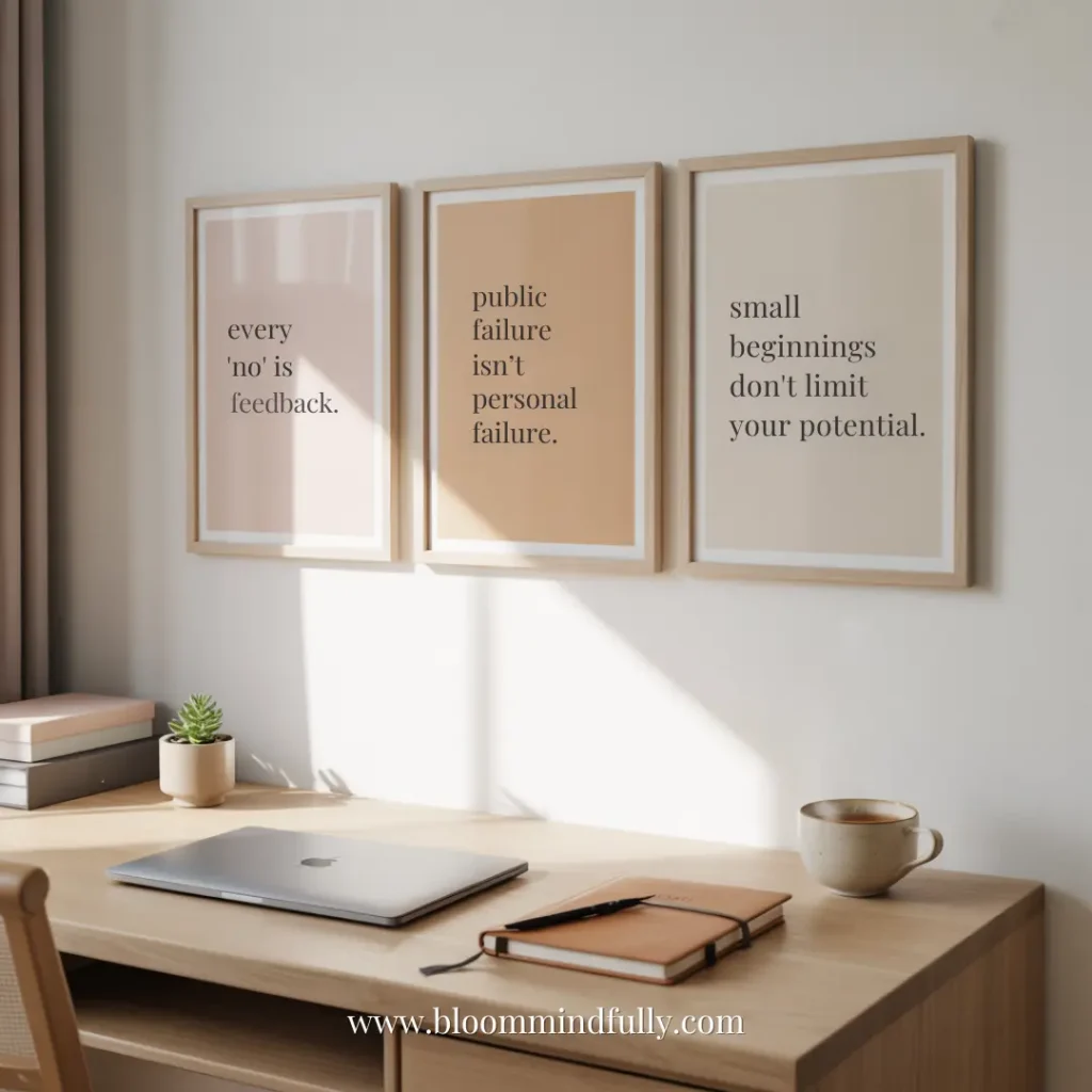 Framed growth mindset quotes in a home office: “every ‘no’ is feedback,” “public failure isn’t personal failure,” and “small beginnings don’t limit your potential.”