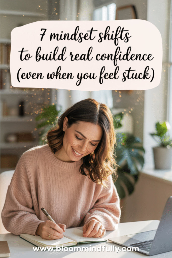 Smiling woman journaling at her desk beside a laptop, with the text “7 mindset shifts to build real confidence (even when you feel stuck)” — a reflection of how to build confidence as a mom entrepreneur using the thought-action-identity mindset framework.