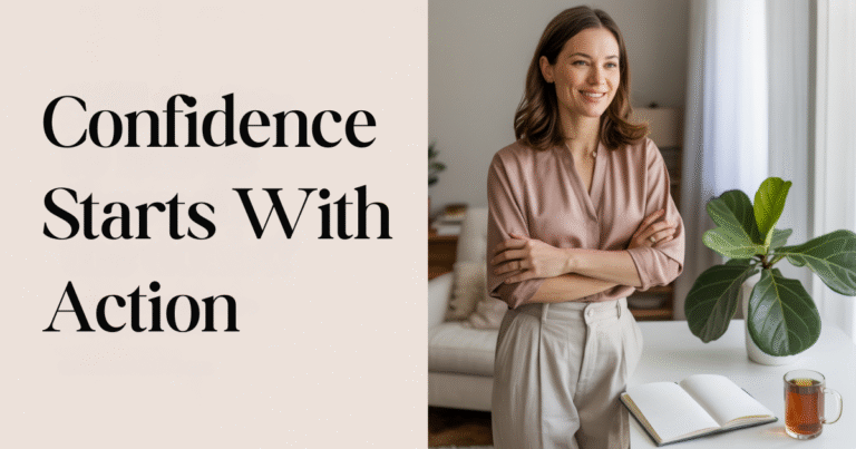 Confident woman standing with arms crossed beside a journal and tea, with the phrase “Confidence Starts With Action” — visually supporting the thought-action-identity mindset framework for mom entrepreneurs building self-trust.