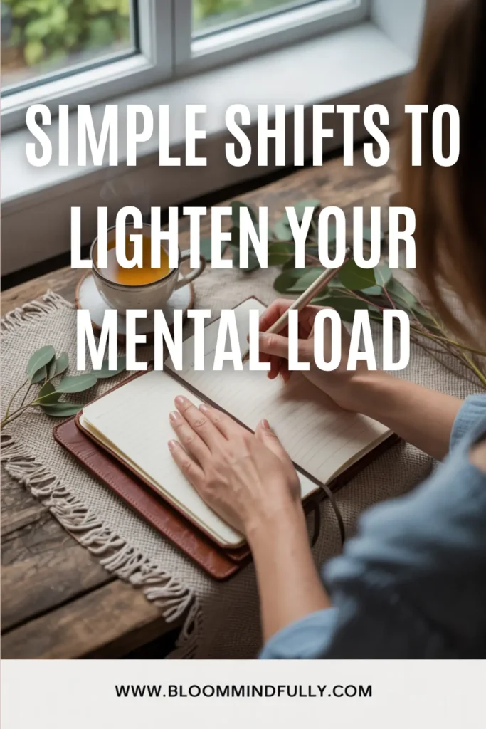 Top-down view of hands writing in a journal, next to a cup of tea and eucalyptus sprigs on a linen surface, with soft natural light. Text overlay reads: “Simple Shifts to Lighten Your Mental Load.” Ideal for exploring how to manage mental load at home and how to split the mental load in everyday life.