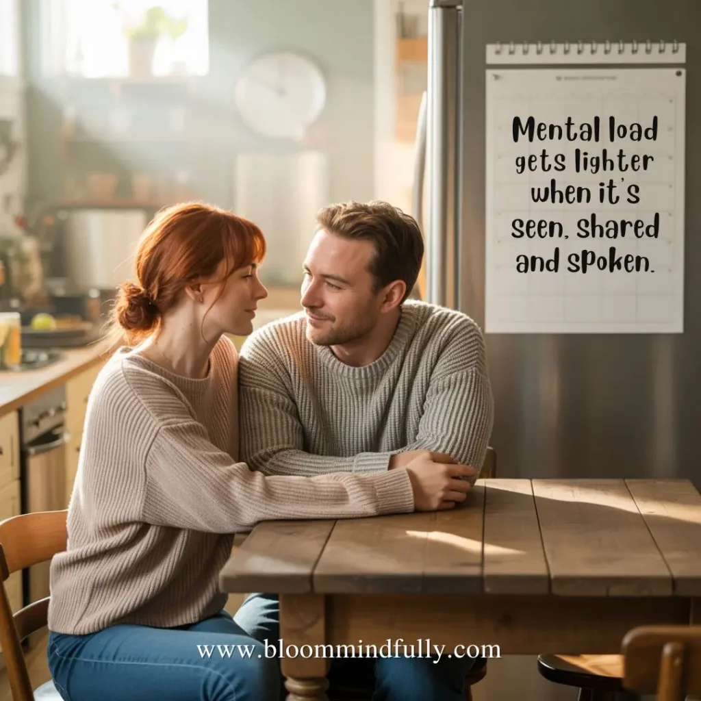 Couple talking at table, text on calendar: Mental load gets lighter when it's seen, shared and spoken. How to manage mental load in relationships shown through a couple sharing and discussing mental load at home.
