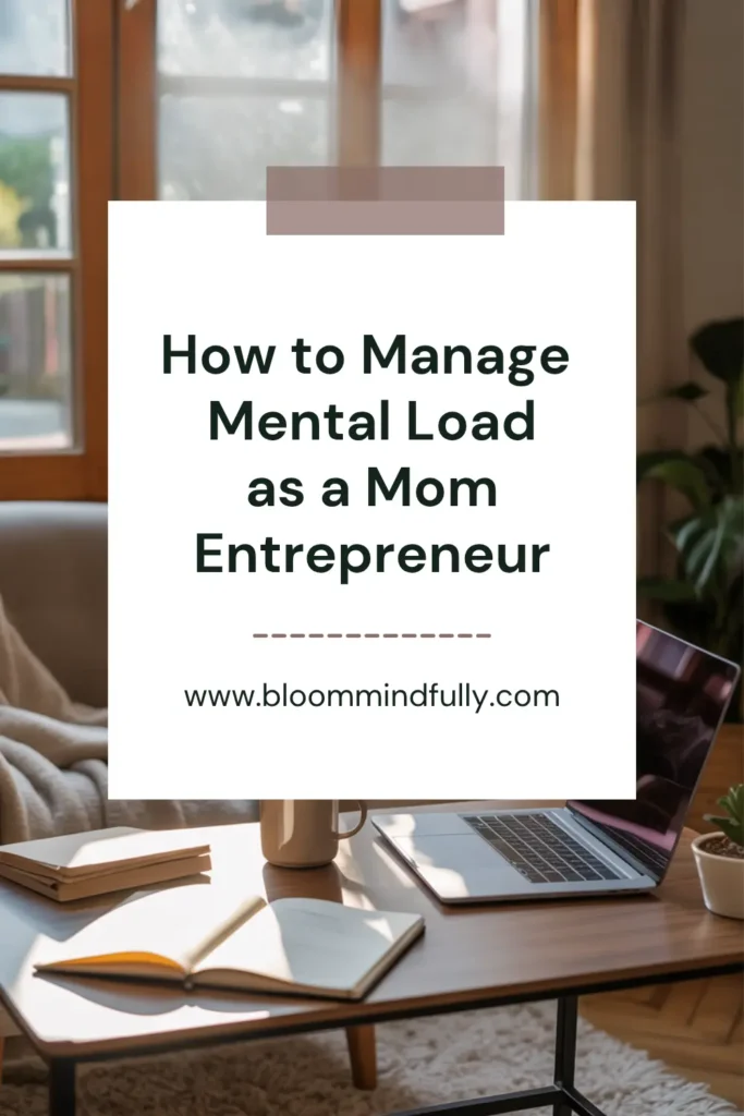 A cozy home workspace with a laptop, open journal, and coffee mug on a wooden desk. A soft blanket drapes over the chair, natural sunlight filters through the window. Text overlay reads: “How to Manage Mental Load as a Mom Entrepreneur.” This visual supports content on how to manage mental load, both at home and in business life.