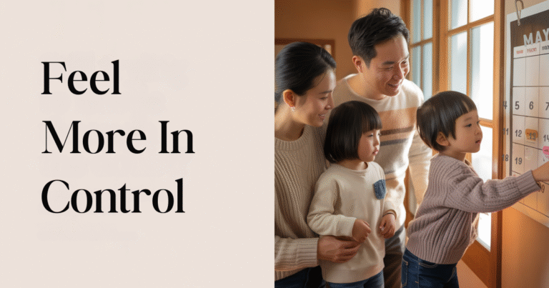 Family using wall calendar, text: Lighten Your Mental Load. How to split the mental load with family shown through parents and children using a shared calendar system.