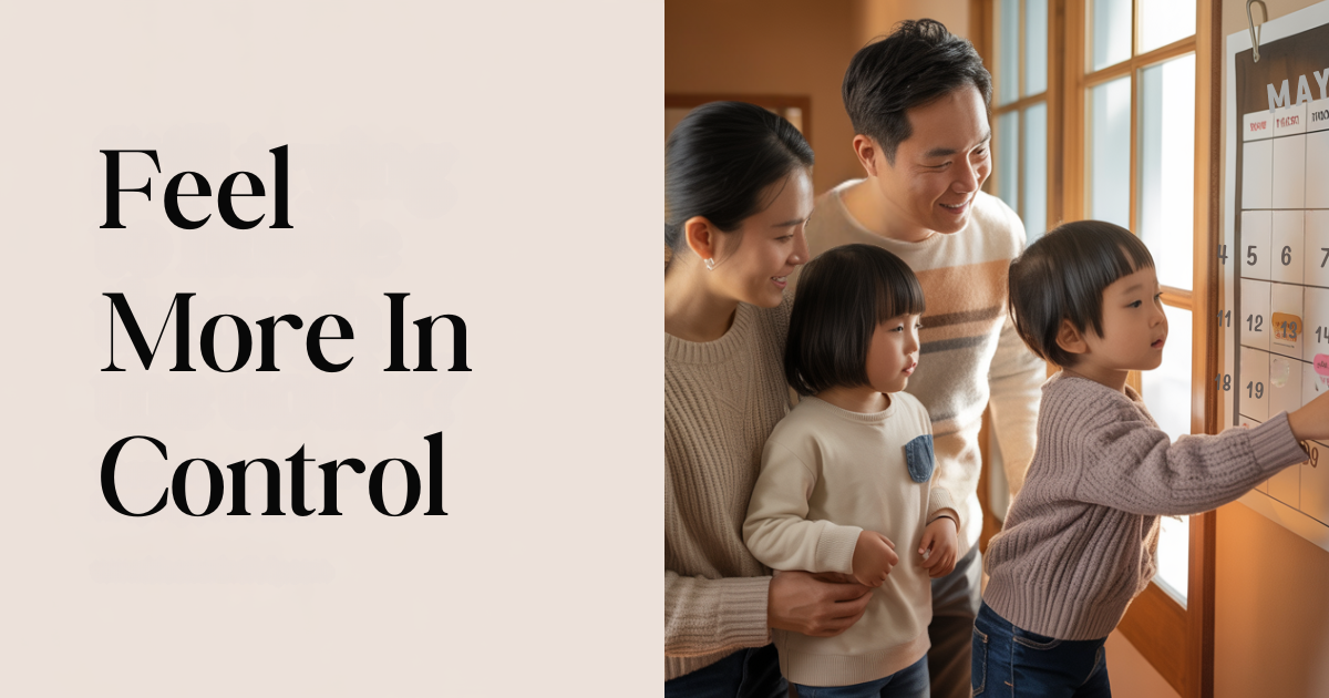 Family using wall calendar, text: Lighten Your Mental Load. How to split the mental load with family shown through parents and children using a shared calendar system.