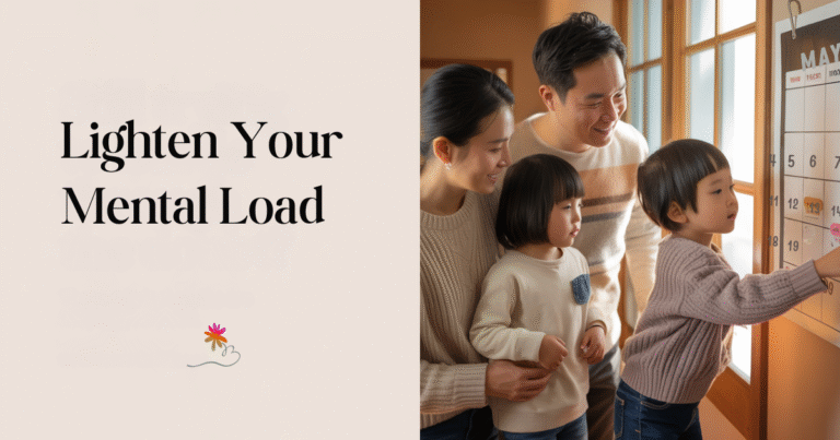 Family using wall calendar, text: Lighten Your Mental Load. How to split the mental load with family shown through parents and children using a shared calendar system.