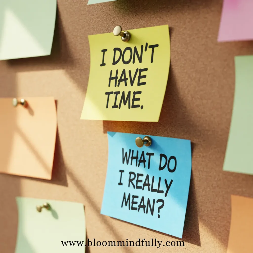 How to stop saying I don’t have time visualized with sticky notes prompting reflection: What do I really mean?