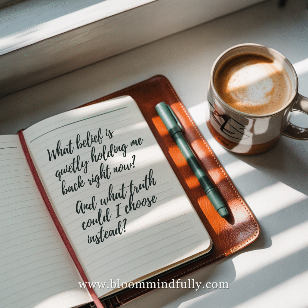 Open journal with the prompt “What belief is quietly holding me back right now? And what truth could I choose instead?” next to coffee, a reflective tool for shifting confidence-limiting beliefs.