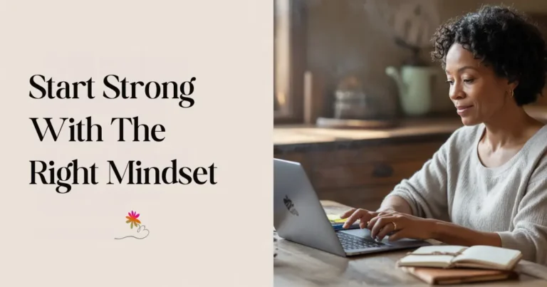 Mindset tips for entrepreneurs shown with an entrepreneur mom starting her day strong with the right mindset, balancing work and life.