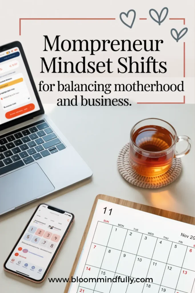 Flat lay of mompreneur workspace with laptop, phone, calendar, and tea, illustrating mindset shifts for balancing motherhood and entrepreneurship.