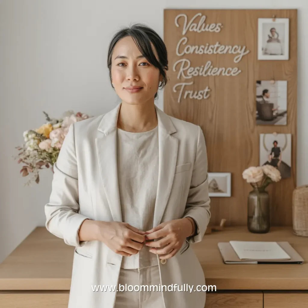 A mom entrepreneur in neutral blazer standing confidently in front of board with “Values: Consistency, Resilience, Trust”. Includes text www.bloommindfully.com at the bottom. 