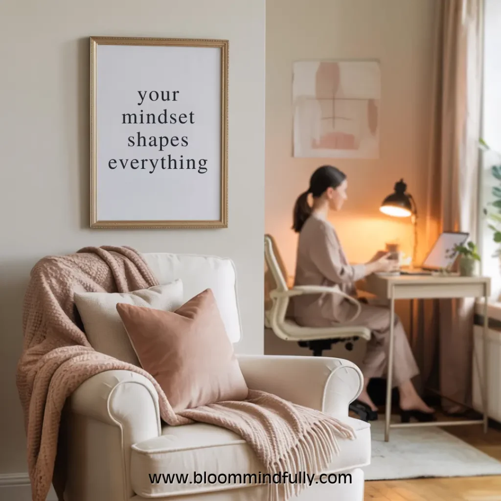 Cozy home office scene with framed quote “your mindset shapes everything,” woman working at desk, with text www.bloommindfully.com at the bottom.