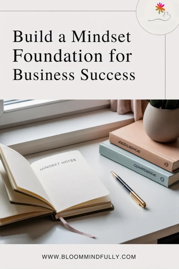 Minimalist desk with an open journal labeled “Mindset Notes,” a stack of books titled “Resilience, Clarity, Confidence,” and soft natural light. Designed to inspire mindset tips for entrepreneurs and show how to build the mindset of a successful entrepreneur.