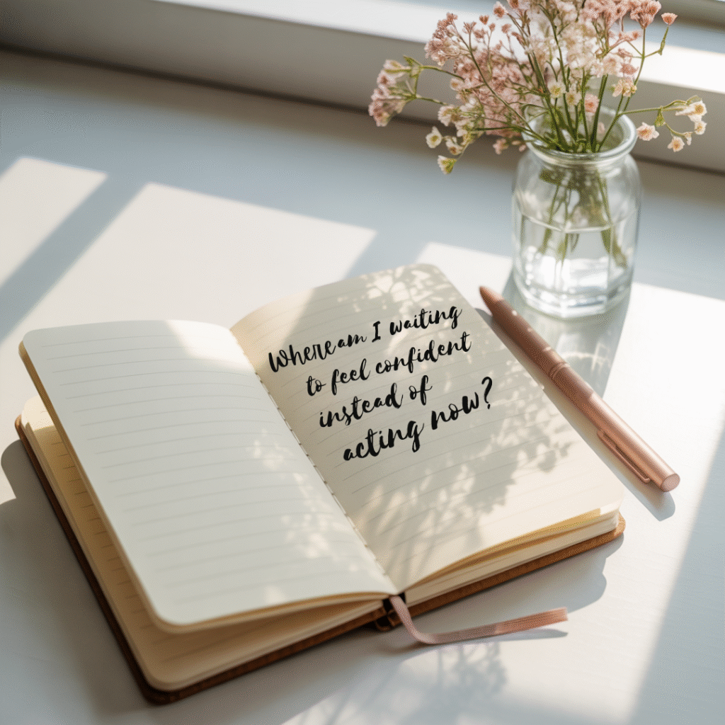 Open journal with the question “Where am I waiting to feel confident instead of acting now?” beside a pen and a small vase of flowers — encouraging mom entrepreneurs to take action and overcome self-doubt in business.