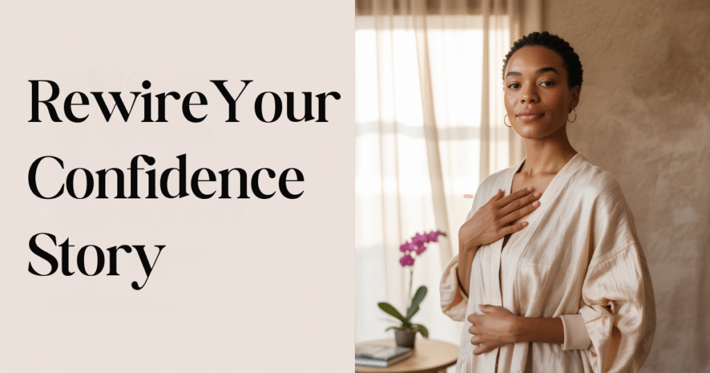Woman standing confidently with hand on heart beside the words “Rewire Your Confidence Story” — encouraging moms to reframe mindset beliefs that hurt confidence.