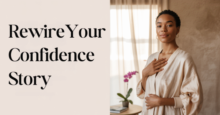 Woman standing confidently with hand on heart beside the words “Rewire Your Confidence Story” — encouraging moms to reframe mindset beliefs that hurt confidence.