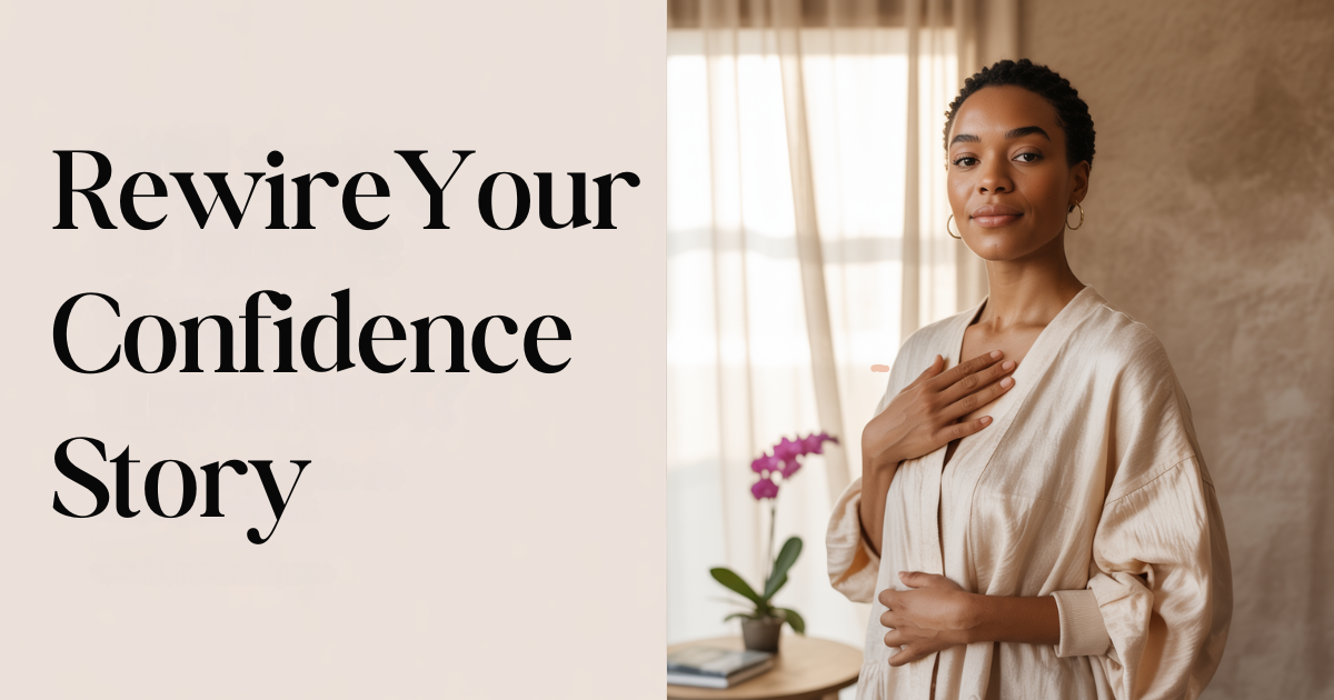 Woman standing confidently with hand on heart beside the words “Rewire Your Confidence Story” — encouraging moms to reframe mindset beliefs that hurt confidence.