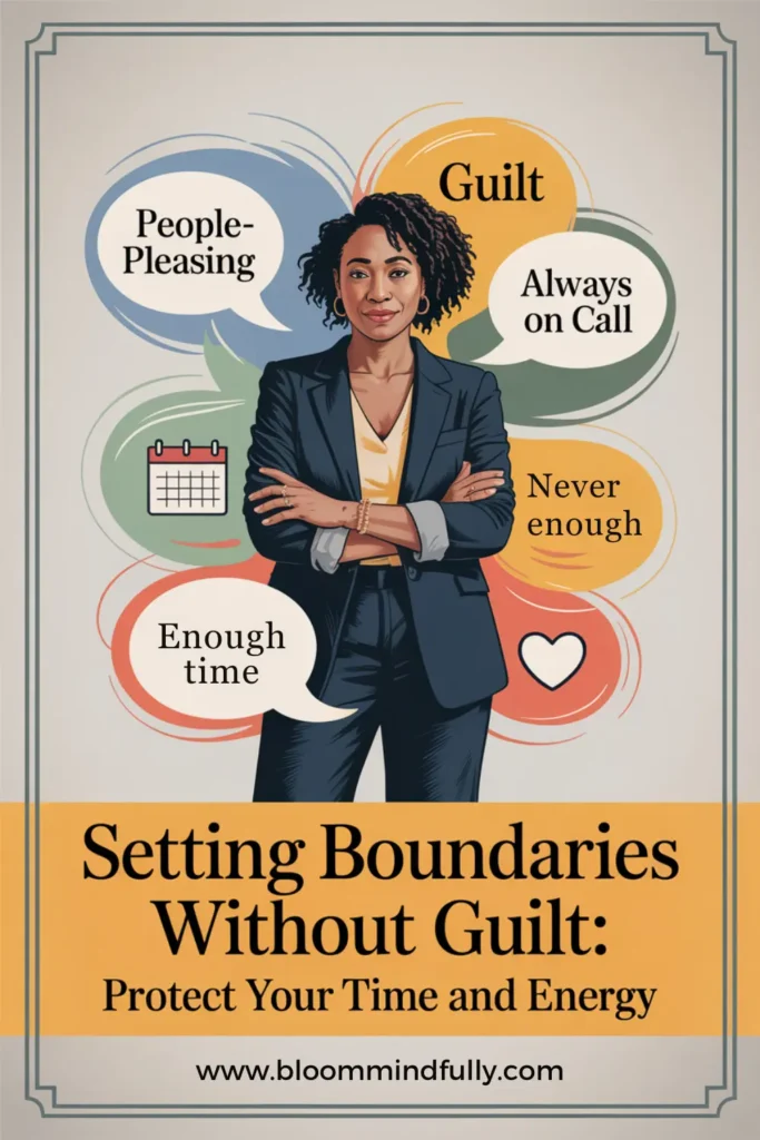 Illustration of confident mom entrepreneur surrounded by stress triggers like people-pleasing, guilt, and always on call, representing setting boundaries without guilt to protect your time and energy.
