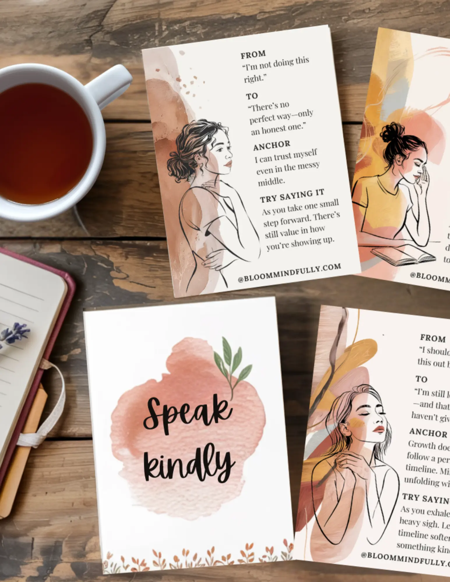 Flat lay of illustrated self-talk cards for mindset shifts, with messages aimed at overwhelmed moms dealing with productivity guilt. One card reads “Speak kindly,” while others feature supportive phrases to reframe negative thoughts with encouragement and self-trust.