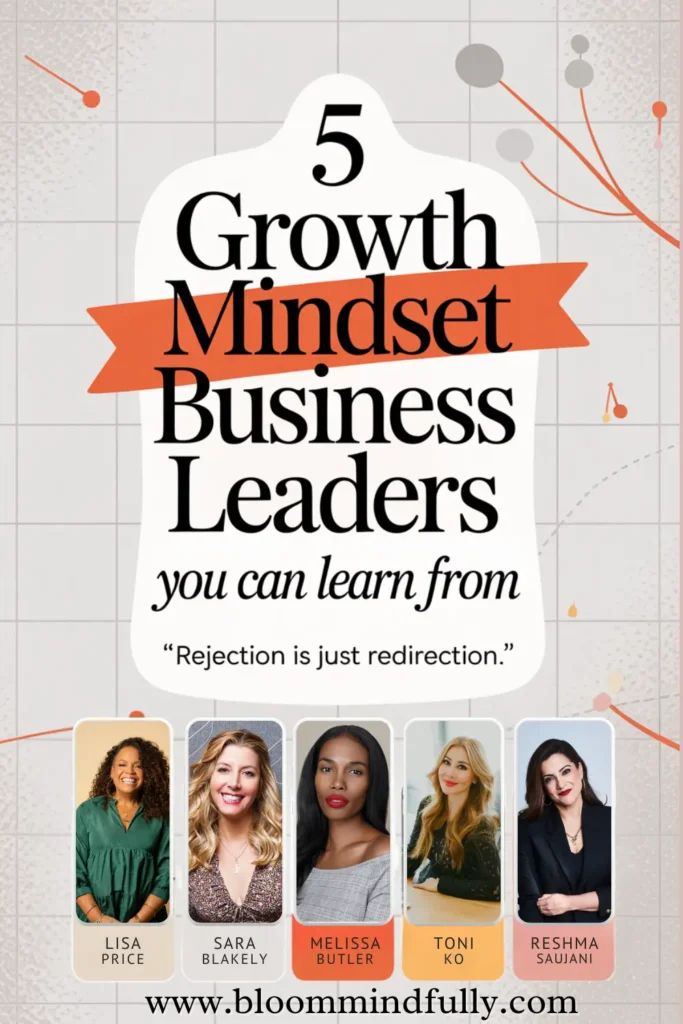Five successful businesswomen including Sara Blakely and Reshma Saujani under the headline “5 Growth Mindset Business Leaders you can learn from” with a warm, professional backdrop and bold accents.