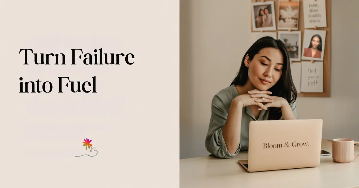 Asian mom entrepreneur working at home with laptop and vision board, text overlay reads: “Turn Failure Into Fuel.”
