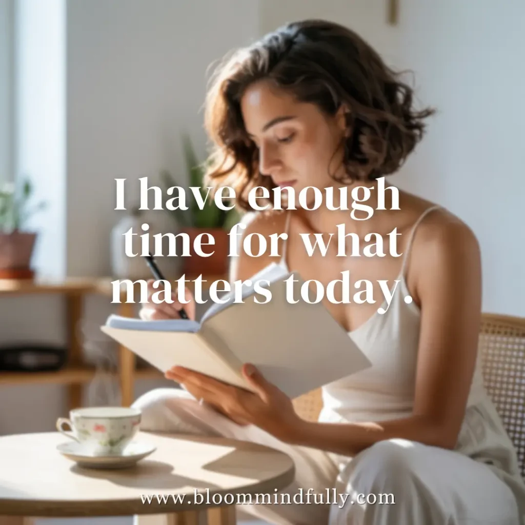 Time abundance affirmations shown in journal practice with empowering quote: I have enough time for what matters today.